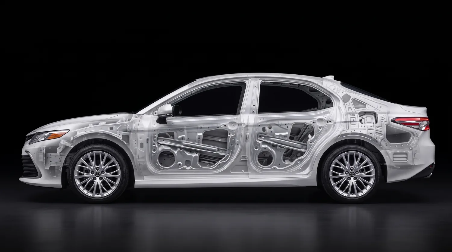 The same Toyota Camry with the panels transparent, showing the bracing that decides how a dent is repaired